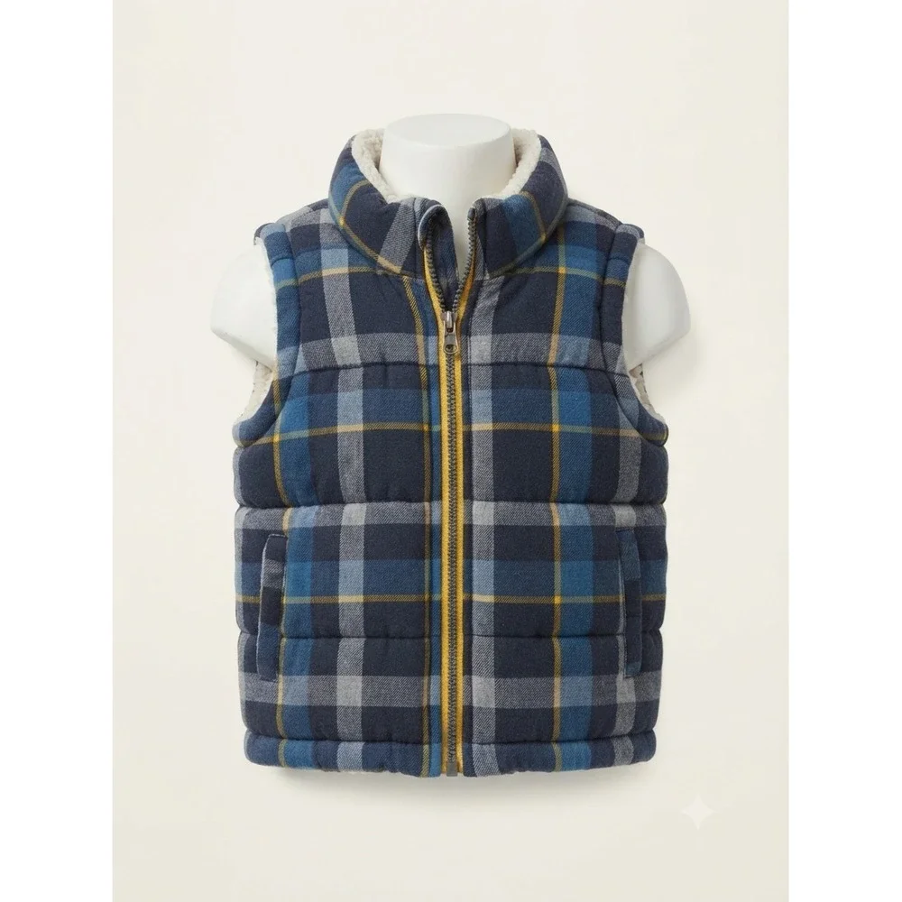 Old Navy Kids Blue Yellow Plaid Sherpa Lined Puffer Vest 12-18 Months